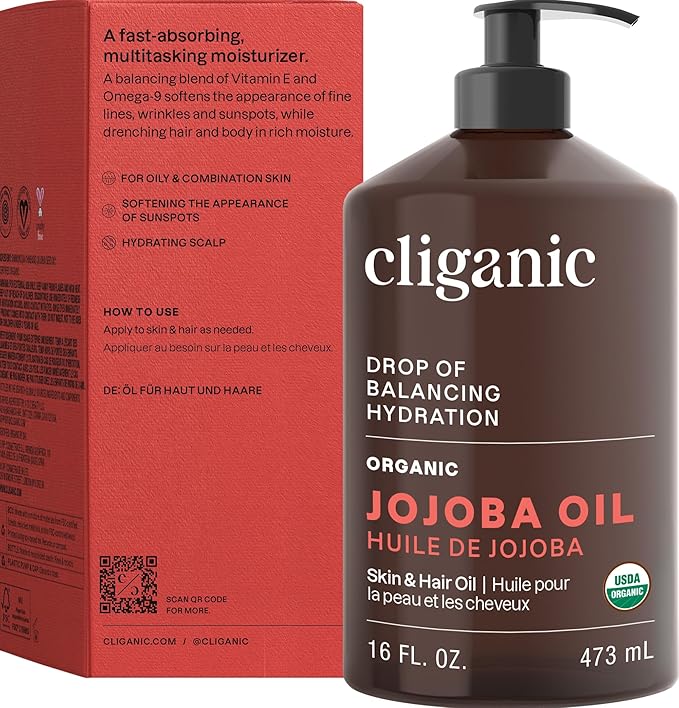 Cliganic Organic Jojoba Oil 16 oz, 100% Pure | Bulk, Natural Cold Pressed Unrefined Hexane Free for Hair & Face | Base Carrier Oil