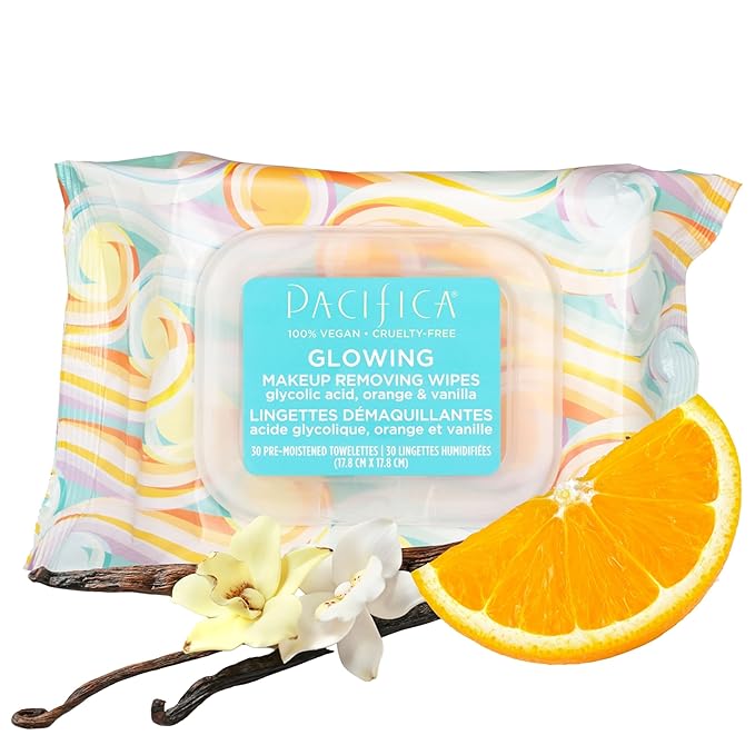 Pacifica Glowing Makeup Remover Wipes – With Glycolic Acid for AHA Exfoliating and Facial Cleansing – No Rinse Face Cleaning Towelettes – Dermatologist Tested, Vegan & Cruelty-Free – 30 Pack