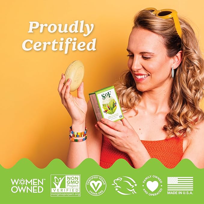 SoF Triple Milled Bar Soap - With Coconut Oil & Organic Shea Butter- Vegan & Non GMO- Free From Phthalates, Sulfates & Parabens- Green Tea Leaves - 6 oz Bar 6 Bars