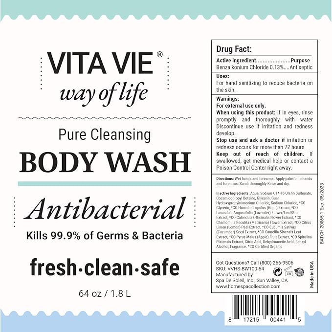 Body Wash Refill, Lemon Scent, Antibacterial Soap for Hands and Forearms With Hazel, Willow Bark Extract, and Tea Tree Oil, Clean Nourishing Formula, Vegan, Paraben Free, Non GMO, 64 FL Oz