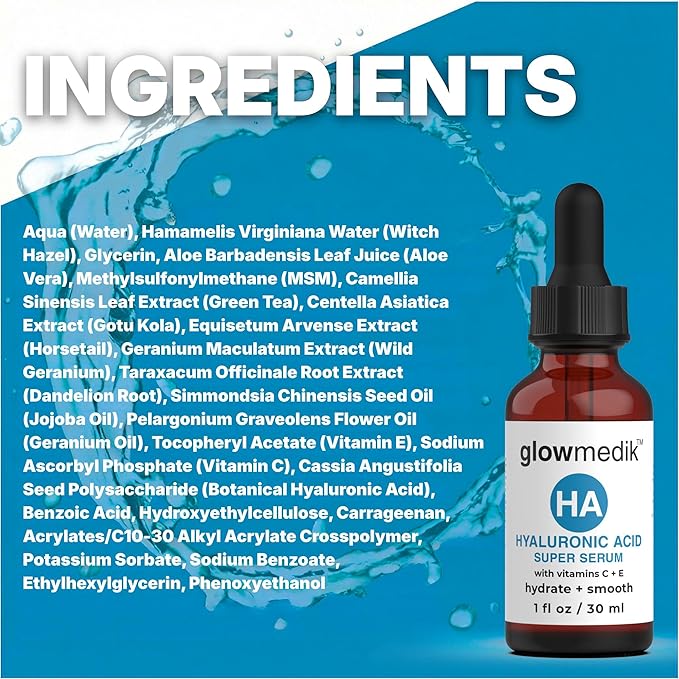 Glowmedik Hyaluronic Acid Serum for Face with Vitamin C & E - Hydrating Face Serum for Dry Skin, Fine Lines & Wrinkles - Vegan Facial Moisturizer for Women, 1 fl oz 30ml