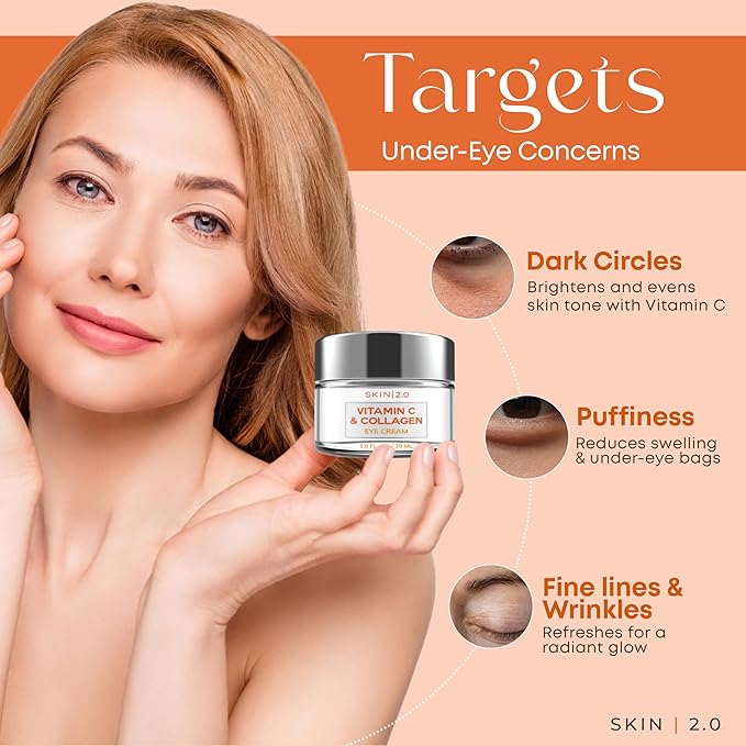 Vitamin C & Collagen Under Eye Cream for Dark Circles, Puffiness & Wrinkles – Hydrating, Firming & Restoring Radiance – Dermatologist Tested, Korean Skin Care, Vegan, Clean Beauty – 1 fl oz