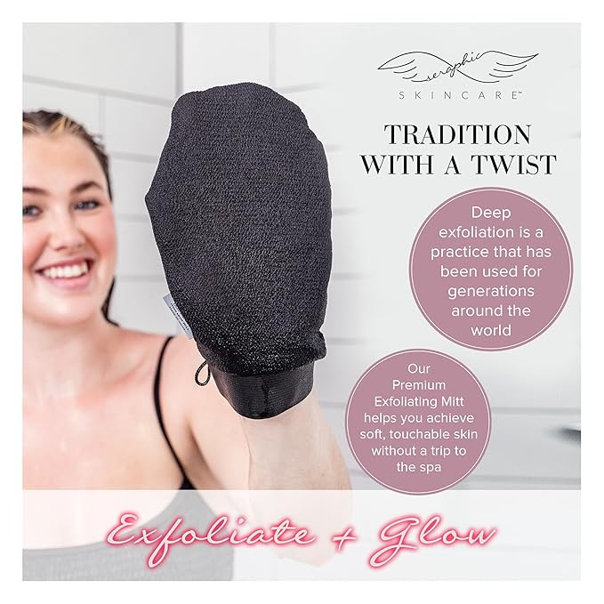 Seraphic Skincare (Original) Premium Exfoliating Mitt for Body (2pc) – 100% Vegan Viscose Traditional Body Scrub Glove Kessa Korean Washcloth – Body Exfoliator for Self-Tan Removal & Keratosis Pilaris
