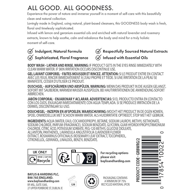 Baylis & Harding Goodness Rose & Geranium Natural Body Wash 16.9 fl. oz (Pack of 3) - Biodegradable Formula - Vegan Friendly