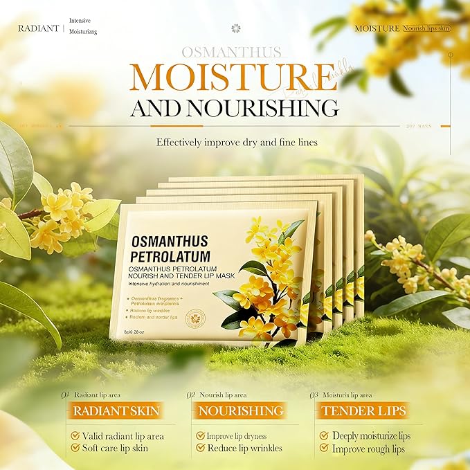 AKARY 5Pcs Osmanthus Lip Mask, Reduce Lip Wrinkles, Radiant, Nourish, Tender Hydrating Mask with Osmanthus Extract & Hydrolyzed Collagen, for Plumping & Moisture, Solution for Dry or Chapped Lips (5)