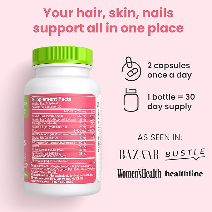 Hair Growth Vitamins for Women & Men for Faster Hair Growth, Vegan, 60 Capsules - 11 Ingredients & 5000mcg Biotin for Thicker Fuller Stronger Locks + Skin & Nail Health - Naturenetics HairAnew