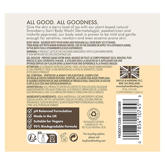 Baylis & Harding Goodness Kids Strawberry Swirl Natural Body Wash 16.9 fl. oz (Pack of 3) - Biodegradable Formula - Vegan Friendly