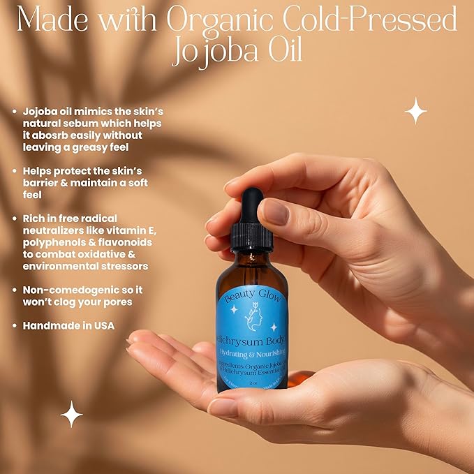Helichrysum Essential Oil for Skin Veins Bruises & Organic Jojoba Oil for Face & Body Moisturizer Pre-Mixed Skin Healing, Anti-Aging, Vegan, Hydrating & Moisturizing Body Oil Serum 2 oz