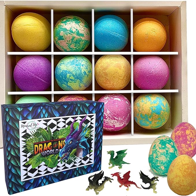 Bath Bombs for Kids with Surprise Inside - 12 Organic Bubble Bath Fizzies with Dragon Egg Toys. Gentle & Kids Friendly w/Rich Bubbles & Rainbow Colors, Easter Basket Essentials for Boys, Girls, Kids