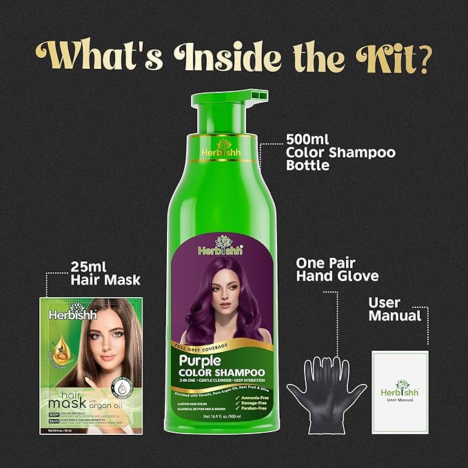 Herbishh Magic Hair Dye Shampoo – Colors Gray Hair in Minutes – Long Lasting – 500 Ml – 3-In-1 Ammonia-Free Color Treatment (Purple)
