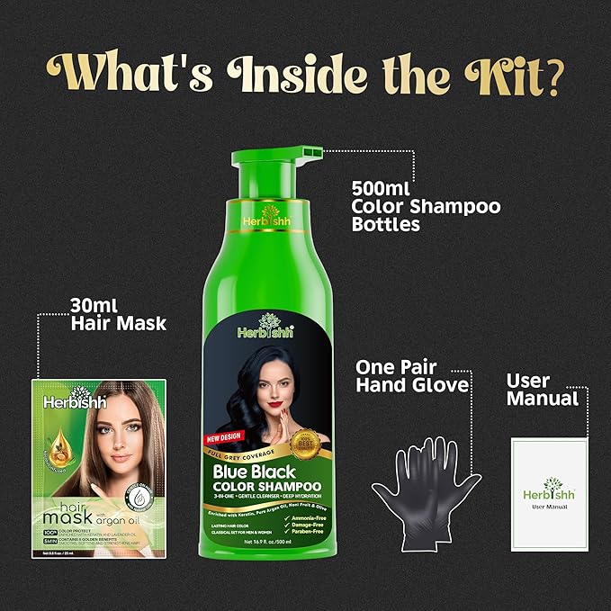 Herbishh Hair Color Shampoo - Magic Long-Lasting Hair Dye for Gray Hair Coloring in Minutes - 500 Ml - 3-In-1 Ammonia-Free Formula (Blue Black)