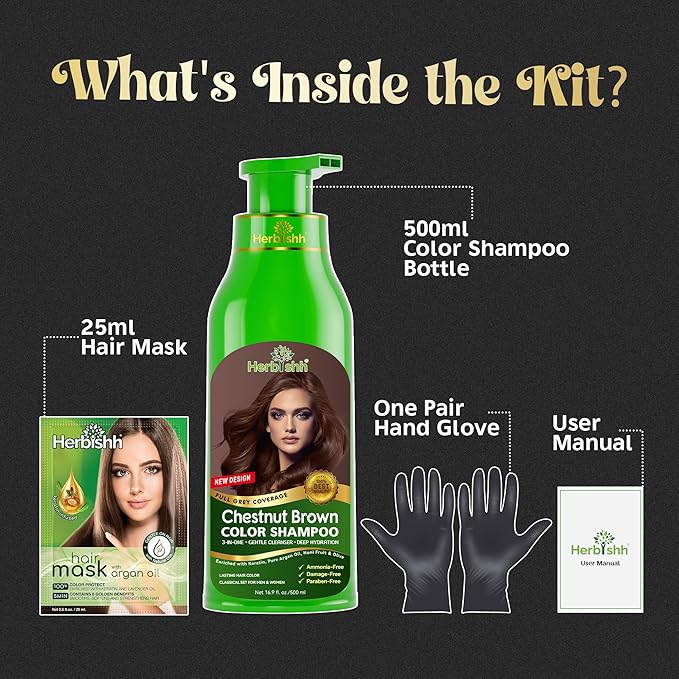 Herbishh Color Shampoo for Gray Hair Coverage (Chestnut Brown) –Hair Dye 3-in-1 Shampoo- Colors in Minutes – Lasts Up To 2-3 Weeks – 500 mL – Ideal for Men & Women