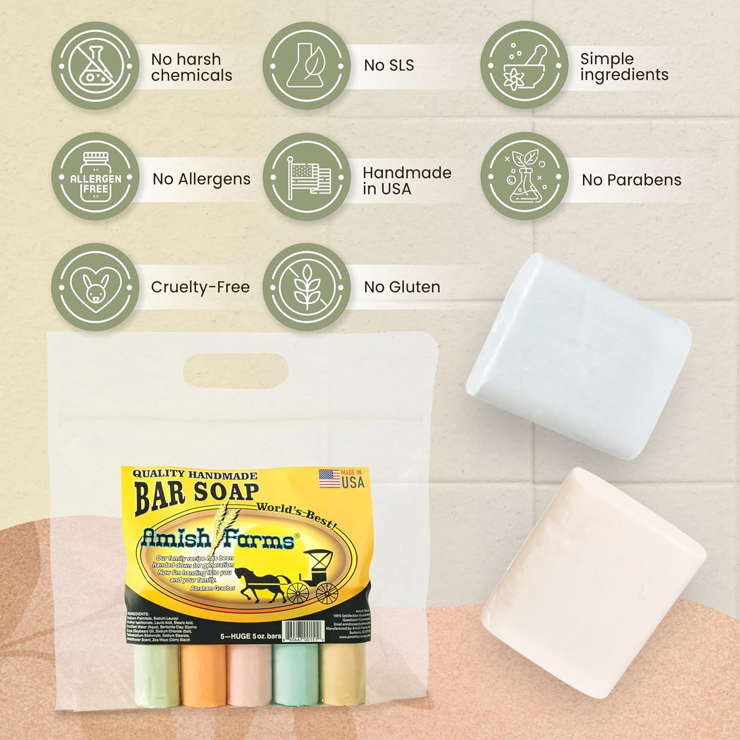 Soap Bar with All Natural Bentonite Clay | Made in USA, Vegan Moisturizing for Sensitive Skin | Women & Mens Face & Body Bath Soap for Shower | Clean Scent | 5 Ounce Each (5 Bars)