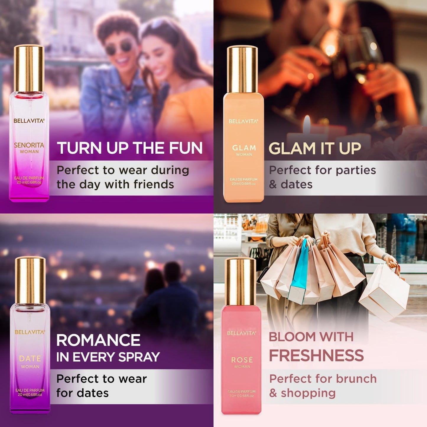 Luxury Women'S Perfume Gift Set (4X20Ml) | Notes of Floral, Sweet, Spicey Red Fruit, Vanilla & Musk | DATE, SENORITA, GLAM & ROSE | French Parfum Collection Gift Set