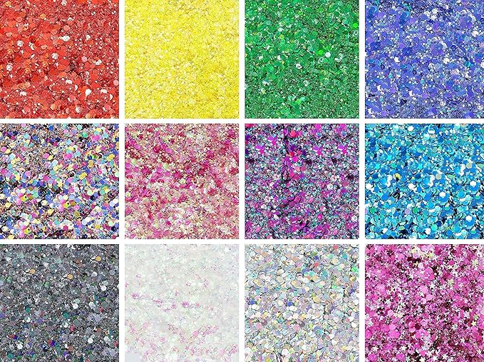 12 Pack - Multi-Colored Face & Body Glitter - Glue Included - Rainbow Chunky Glitter - Uses Include: Festival Rave Makeup Face Body Nails Resin Arts & Crafts, Resin, Tumblers, Bath Bombs