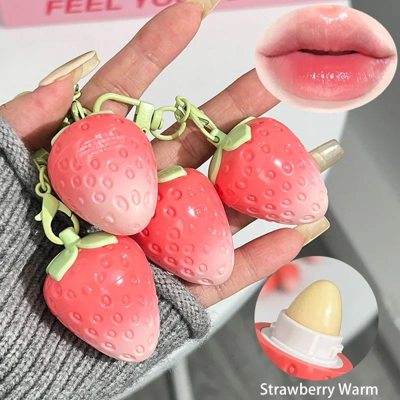 1Pc Strawberry Keychain Warming Lip Balm Long Lasting Natural Pink Lipstick Tint Color Changing Lipstick Fruity Lips Care Makeup