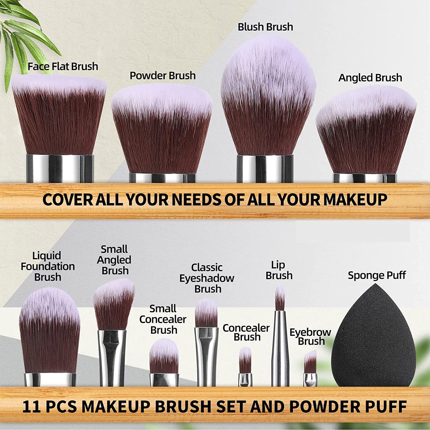 Makeup Brush Set 11Pcs Bamboo Synthetic Kabuki Brush Set Foundation Powder Blending Concealer Eye Shadows Blush Cosmetics Brushes with Organizer Bag & Makeup Sponge