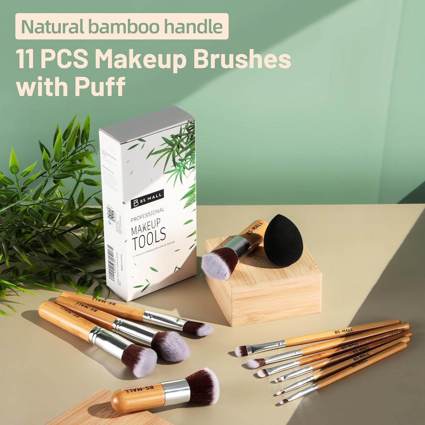 Makeup Brush Set 11Pcs Bamboo Synthetic Kabuki Brush Set Foundation Powder Blending Concealer Eye Shadows Blush Cosmetics Brushes with Organizer Bag & Makeup Sponge