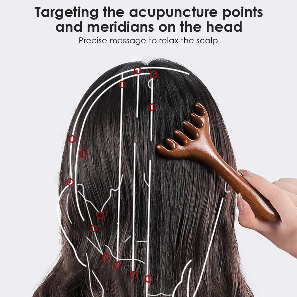 Natural Sandalwood Massage Comb Six-Claw Head Acupoint Massage Gua Sha Tool Neck Face Lifting Scraping Massager