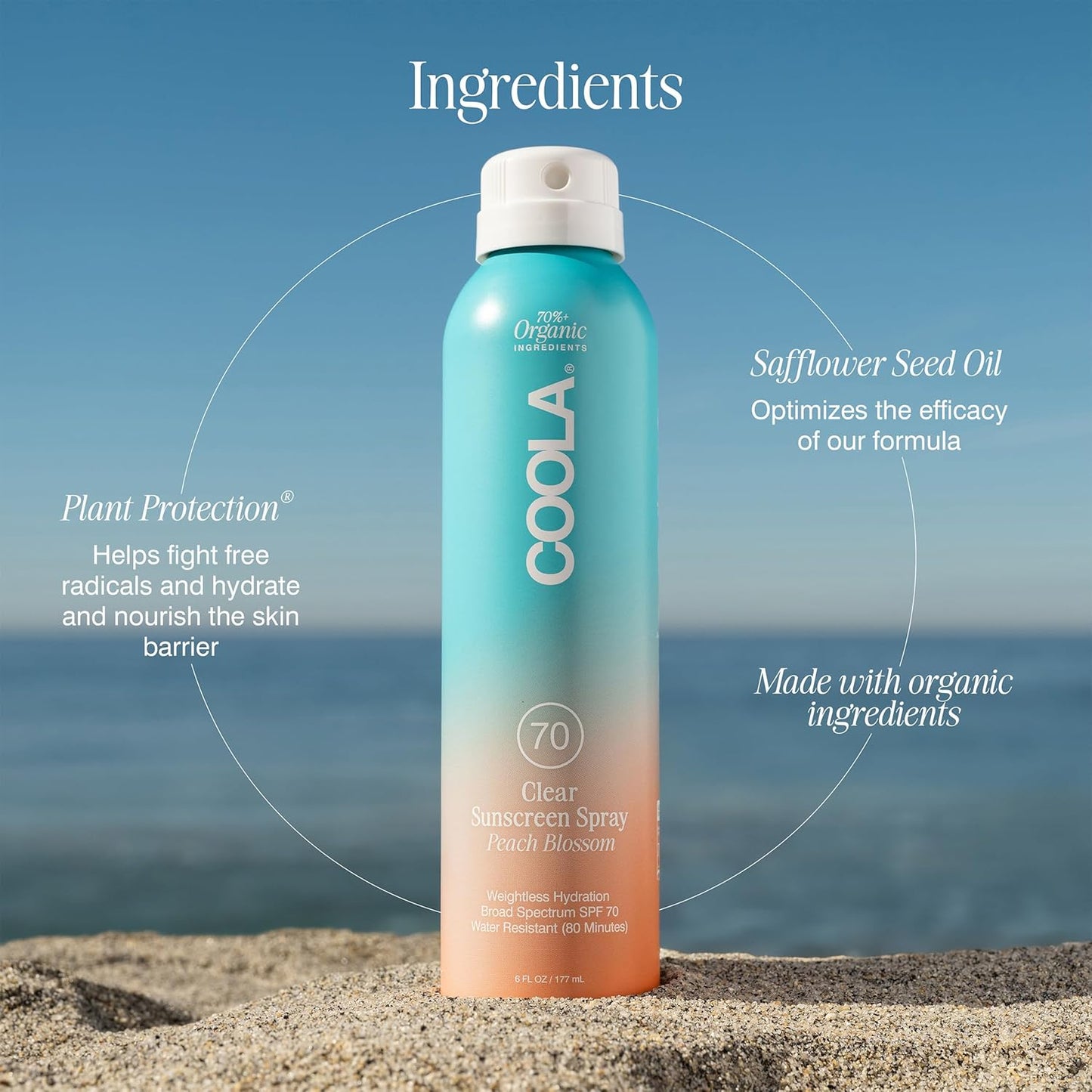COOLA Organic Sunscreen SPF 70 Sunblock Spray, Dermatologist Tested Skin Care for Daily Protection, Vegan and Gluten Free, Peach Blossom