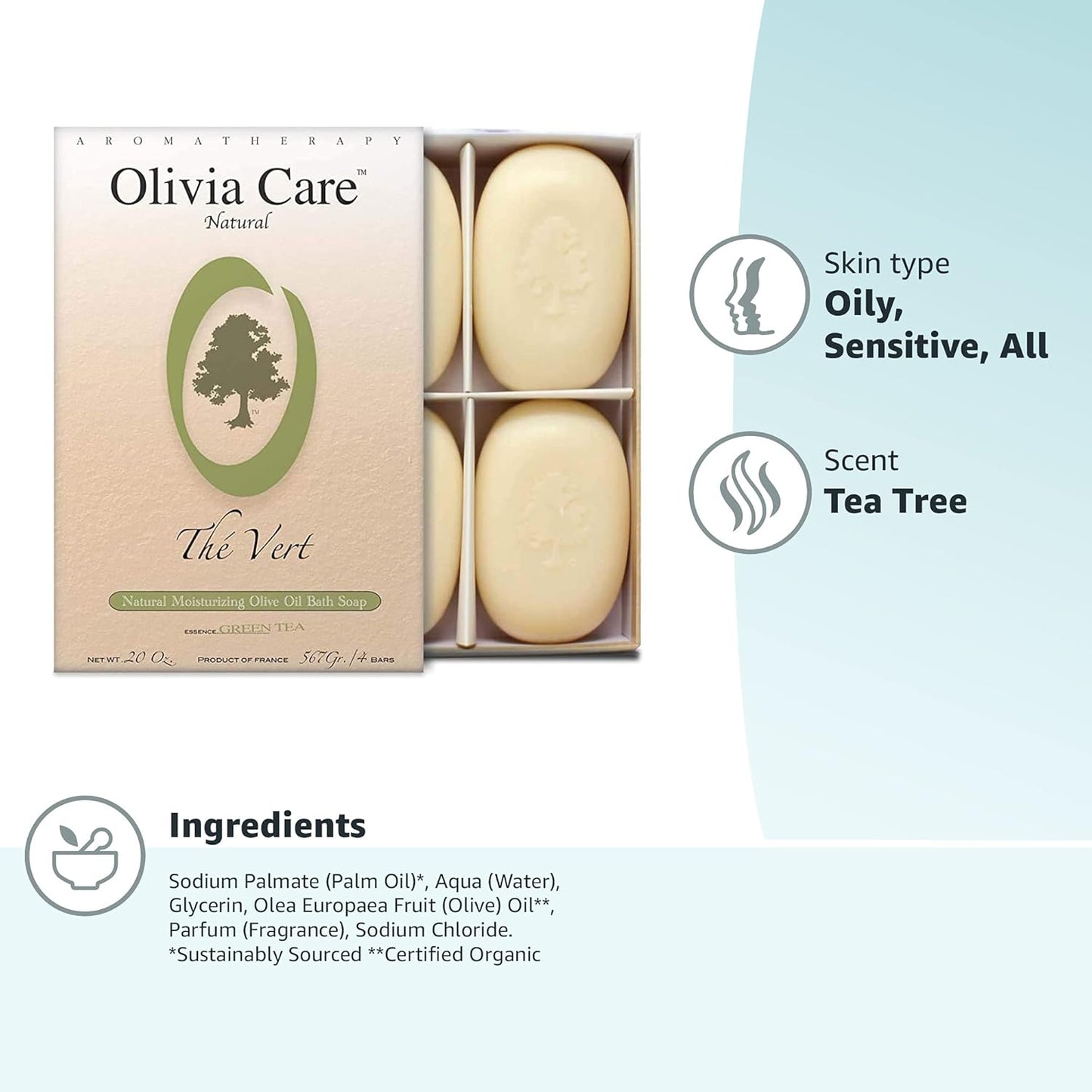 Bath & Body Bar Green Tea Soap 4 Pack Gift Box Organic, Vegan & Natural Contains Olive Oil Repairs, Hydrates, Moisturizes & Deep Cleans Good for Sensitive Dry Skin Made in USA 4 Bars(Pack of 1)