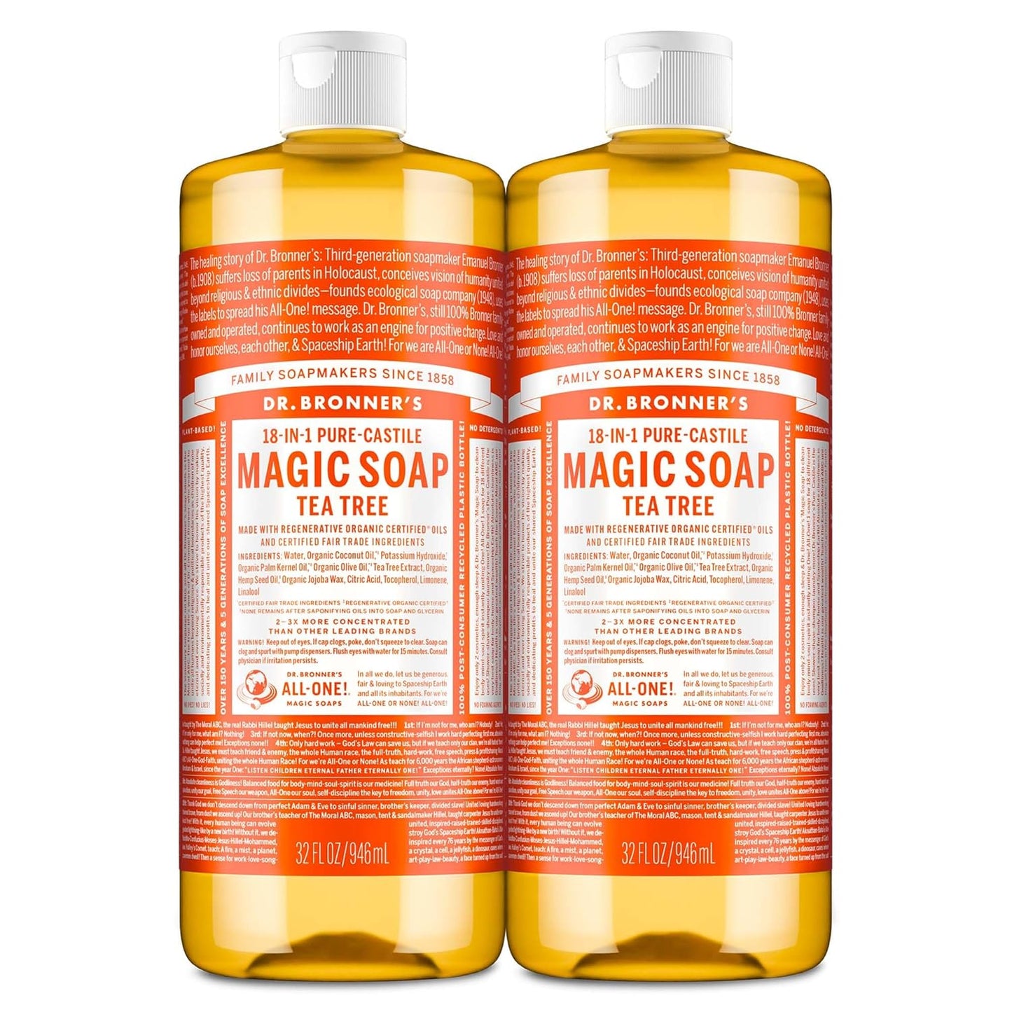 Magic Soap-Pure-Castile Liquid Soap (Tea Tree, 32 Ounce, 2-Pack)-Regenerative Organic Certified Oils, 18-In-1 Uses: Body, Hair, Laundry, Pets & Dishes, Concentrated, Vegan, Non-Gmo