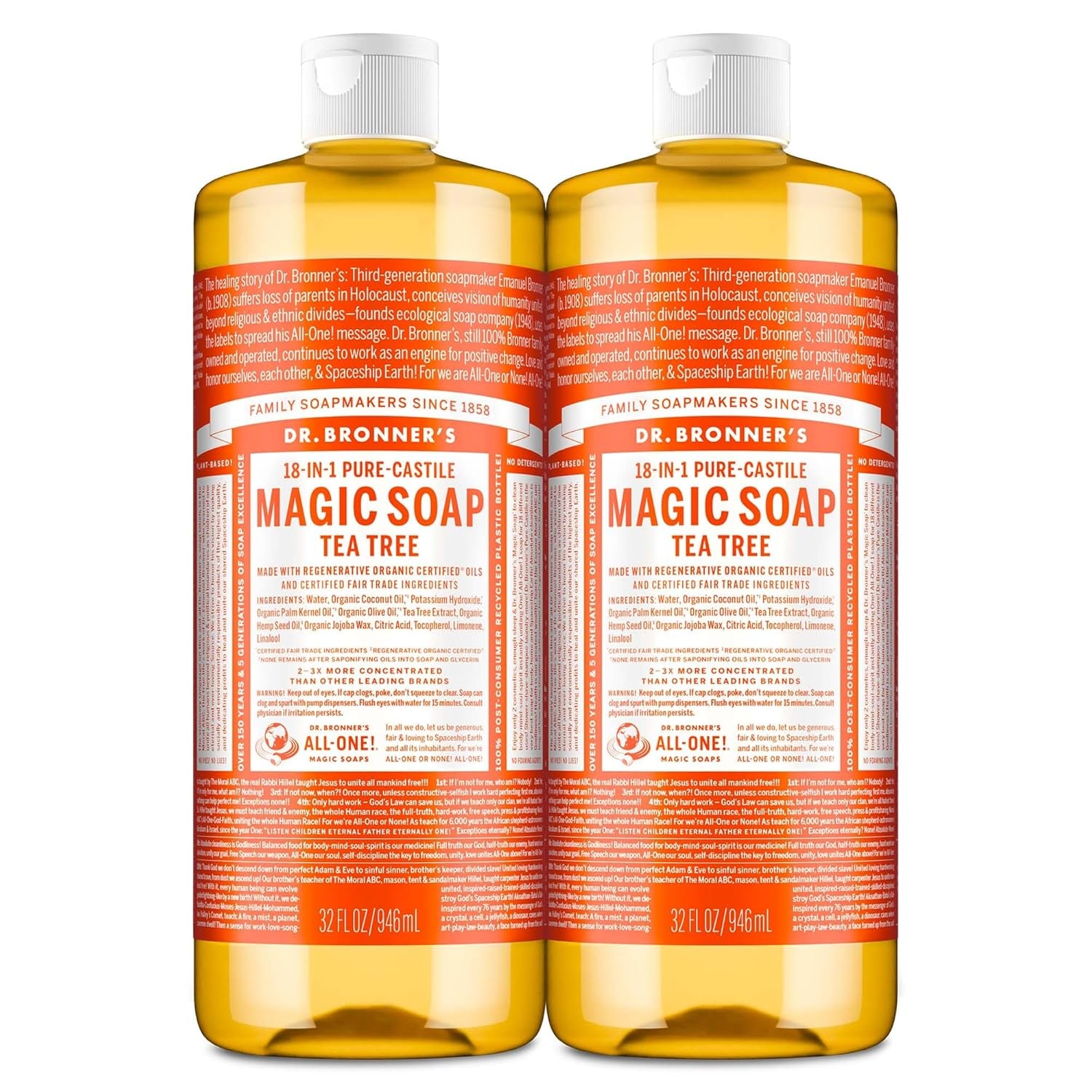 Magic Soap-Pure-Castile Liquid Soap (Tea Tree, 32 Ounce, 2-Pack)-Regenerative Organic Certified Oils, 18-In-1 Uses: Body, Hair, Laundry, Pets & Dishes, Concentrated, Vegan, Non-Gmo
