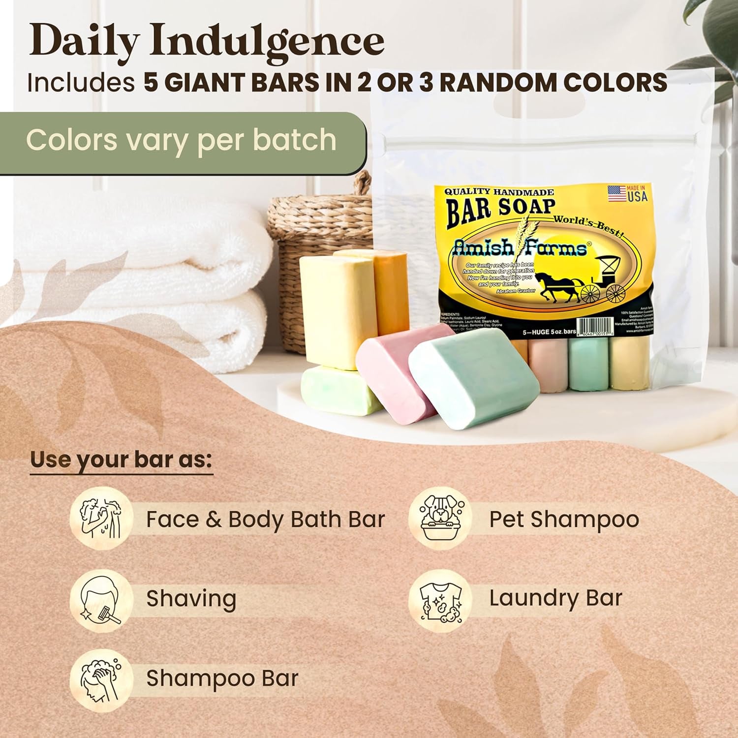 Soap Bar with All Natural Bentonite Clay | Made in USA, Vegan Moisturizing for Sensitive Skin | Women & Mens Face & Body Bath Soap for Shower | Clean Scent | 5 Ounce Each (5 Bars)