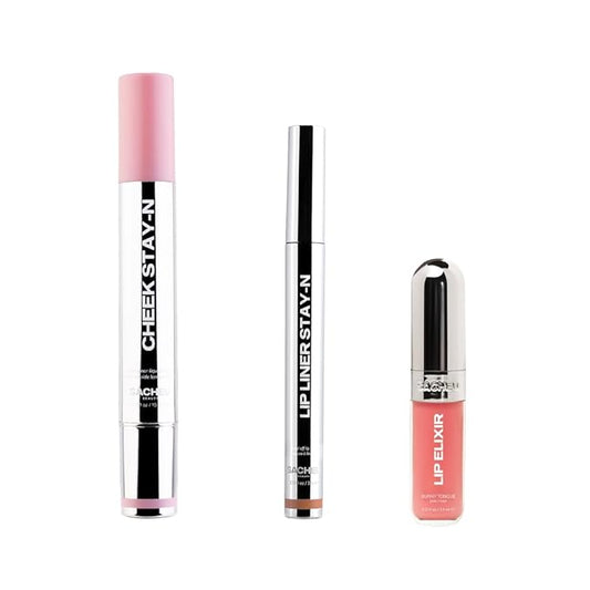 Sacheu Doll Face Bundle — High Pigment, Buildable, Long Lasting Luminous Glow in a Lightweight, Dewy Finish — Includes Lip Liner, Lip Elixir, & Cheek STAY-N