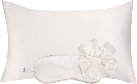 Vegan Silk Sleep Set, Vegan Silk Pillowcase with Large Scrunchie and Eye Mask for Hair and Skin, Self Care Essential Satin Night Routine Kit (Cream Color)