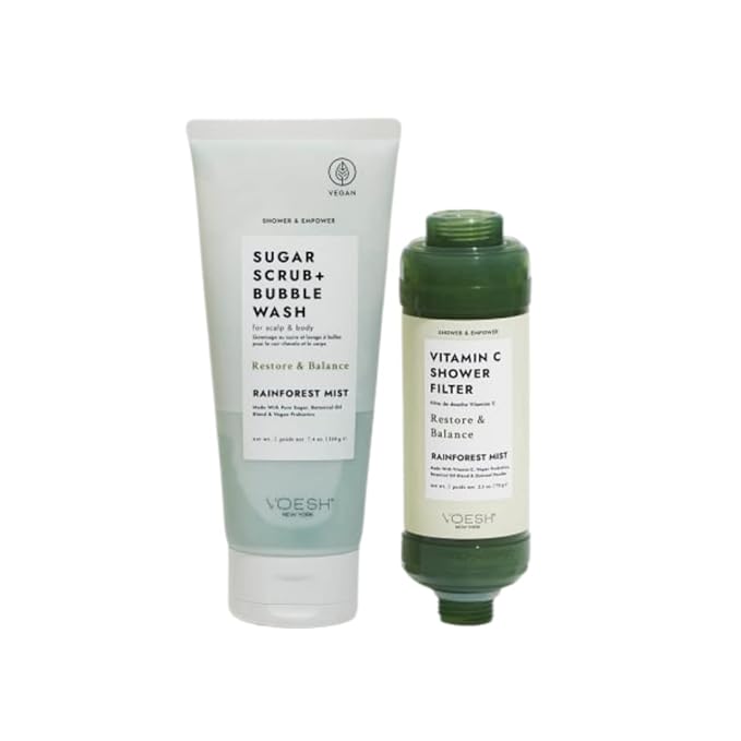 VOESH Shower & Empower Duo, Vitamin C Shower Filter, Exfoliating Sugar Scrub, Body Wash, Clean Shower Care Set, Vegan Skincare, Spa Gift, Clean Beauty