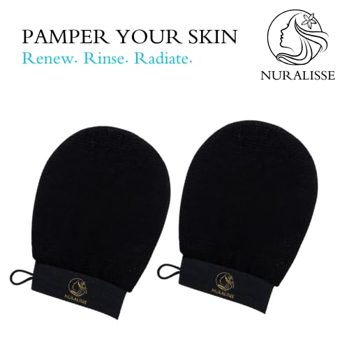 Skincare Premium Exfoliating Mitt – Vegan Viscose exfoliating Kessa Glove for Self-Tan Removal, Keratosis Pilaris & Smooth, Radiant Skin (Black, 2 Mitts)