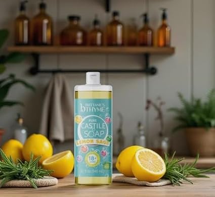 Brittanie’s Pure Castile Liquid Soap Refill, Lemon Sage, 32 Ounce Pack of 2 | Dish Soap, Hair & Body, Home, Gentle and Pure, Made with Natural Luxurious Oils, Vegan & Gluten Free Non-GMO