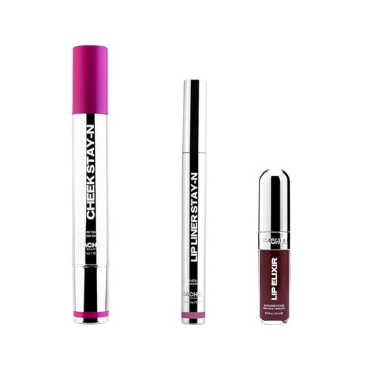 Sacheu Blushberry Bundle — High Pigment, Buildable, Long Lasting Luminous Glow in a Lightweight, Dewy Finish — Includes Lip Liner, Lip Elixir, & Cheek STAY-N