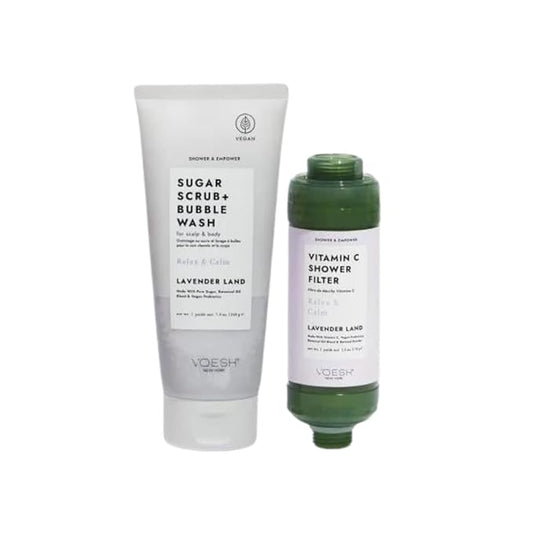 VOESH Shower & Empower Duo, Lavender Land, Vitamin C Shower Filter, Exfoliating Sugar Scrub, Body Wash, Clean Shower Care Set, Vegan Skincare, Spa Gift, Clean Beauty