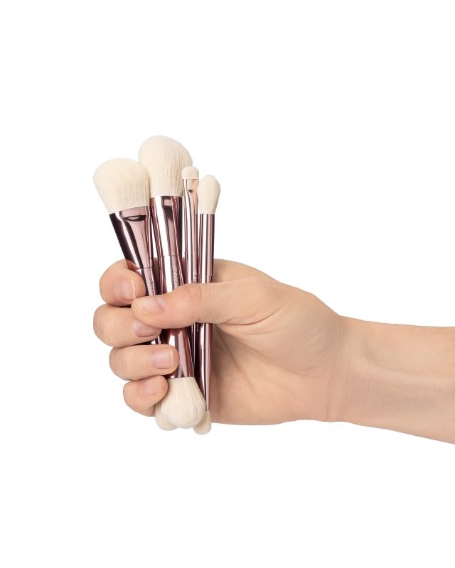 Jenny Patinkin Luxury Sustainable Mini Dual-Ended Makeup Brush Set, 4 Piece Professional & Travel Makeup Brushes with Case, Vegan, Cruelty-Free Brush Kit for Face and Eyes, Eco Friendly, On-The-Go Use