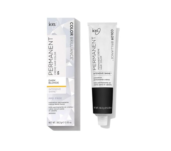 Ion Permanent Creme Hair Color 6N Dark Blonde, Vegan, Cruelty Free, PPD Free, 100% Gray Coverage, Long Lasting, Fade Resistant Color, 2.05 oz