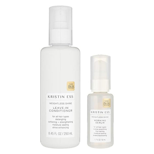 Kristin Ess Styling Bundle, Hydrating Salon Leave In Conditioner Spray for Strength + Shine - Lightweight Anti Frizz Detangler for Women + Weightless Shine Working Hair Serum for Dry Damaged Hair