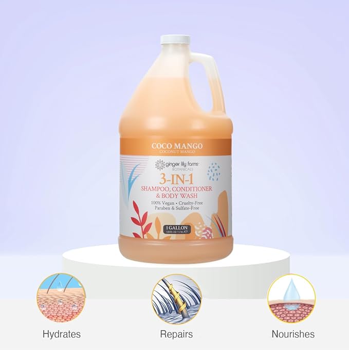 Ginger Lily Farms Botanicals 3-in-1 Shampoo, Conditioner & Body Wash, Coco Mango, 100% Vegan & Cruelty-Free, Coconut Mango Scent, 1 Gallon (128 fl oz) Refill