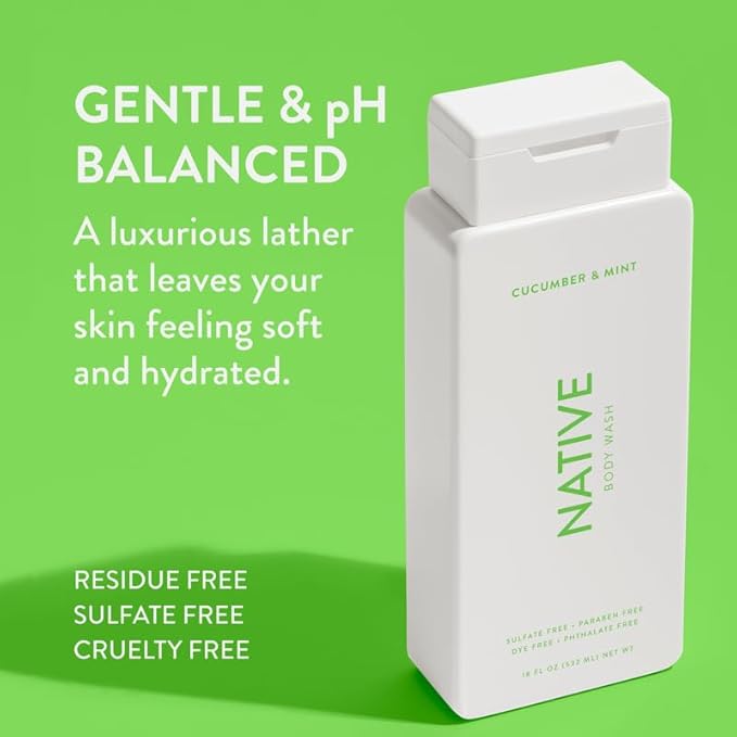 Native Body Wash Contains Naturally Derived Ingredients | For Women & Men, Sulfate, Paraben, & Dye Free Leaving Skin Soft and Hydrated | Cucumber & Mint 18 oz