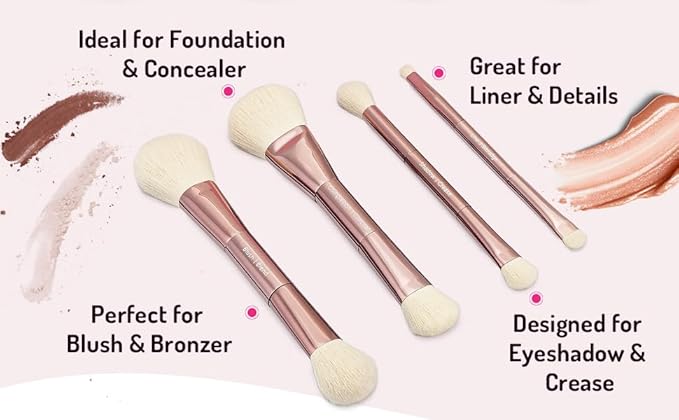 Jenny Patinkin Luxury Sustainable Mini Dual-Ended Makeup Brush Set, 4 Piece Professional & Travel Makeup Brushes with Case, Vegan, Cruelty-Free Brush Kit for Face and Eyes, Eco Friendly, On-The-Go Use