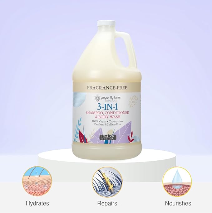 Ginger Lily Farms Botanicals 3-in-1 Shampoo, Conditioner & Body Wash, 100% Vegan & Cruelty-Free, Fragrance Free, 1 Gallon (Pack of 4)
