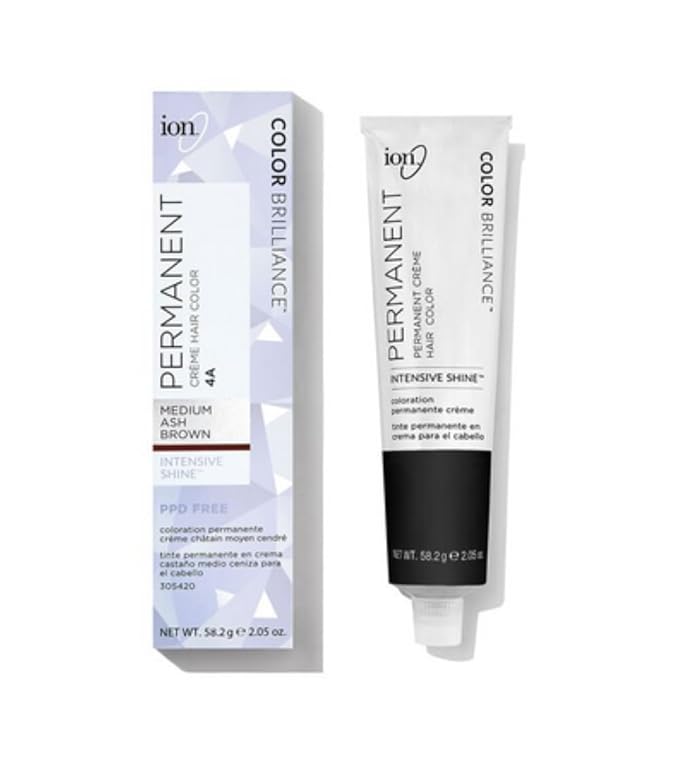 Ion Permanent Creme Hair Color 4A Medium Ash Brown, Vegan, Cruelty Free, PPD Free, 100% Gray Coverage, Long Lasting, Fade Resistant Color, 2.05 oz