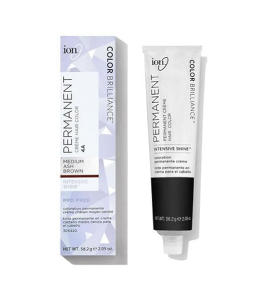 Ion Permanent Creme Hair Color 4A Medium Ash Brown, Vegan, Cruelty Free, PPD Free, 100% Gray Coverage, Long Lasting, Fade Resistant Color, 2.05 oz