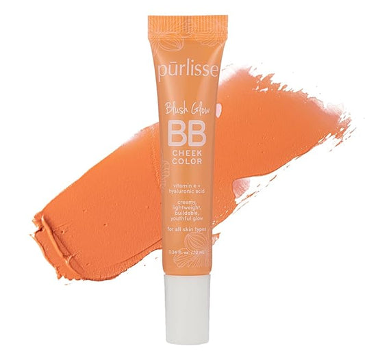 pūrlisse Blush Glow BB Cheek Color - Dewy Liquid Blush for Cheeks - Enriched with Vitamin E & Hyaluronic Acid - Creamy, Lightweight & Buildable - Hydrating & Nourishing - Malibu Peach (0.34 Fl oz)