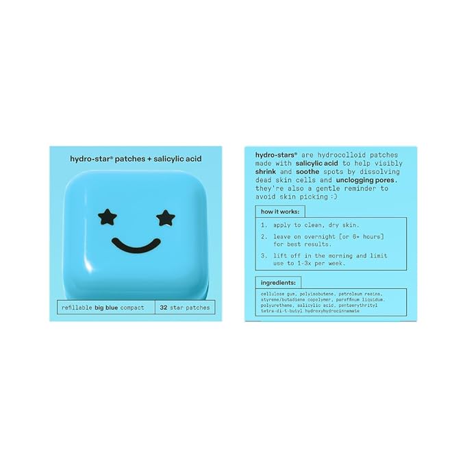 Starface Hydro-Star Salicylic Acid Patches + Big Blue Compact, Helps Unclog Pores and Shrink Spots, Absorb Fluid and Reduce Redness, Hydrocolloid, Vegan and Cruelty-Free Skincare (32 Count)