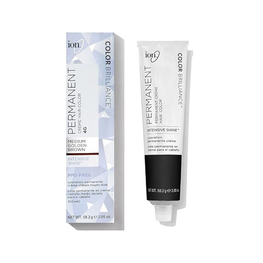 Ion Permanent Creme Hair Color 4G Medium Golden Brown, Vegan, Cruelty Free, PPD Free, 100% Gray Coverage, Long Lasting, Fade Resistant Color, 2.05 oz