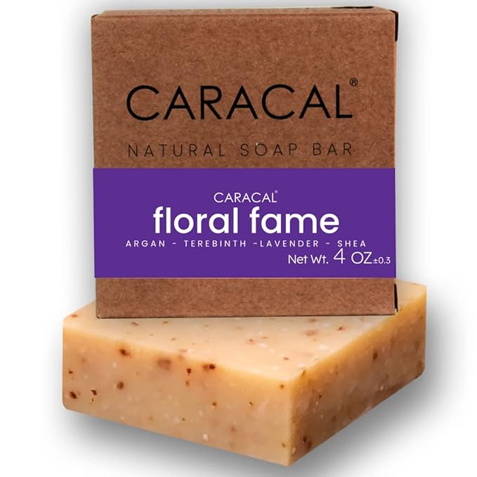 CARACAL Floral Fame Vegan Herbal Natural Women's Men's Soap Bar, Strong Smoky Lavender, Clary Sage, Terebinth Fruit, Olive, Castor Oils & Shea Butter - Long Life