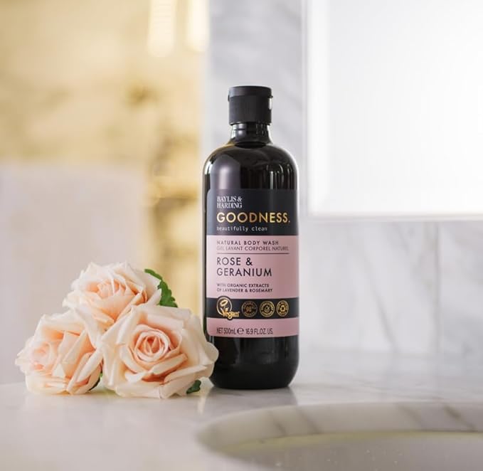 Baylis & Harding Goodness Body Wash, Rose & Geranium Scent. Natural Body Wash & Bath Soak Set, 98% Naturally Derived, Dermatologist Approved, Vegan.