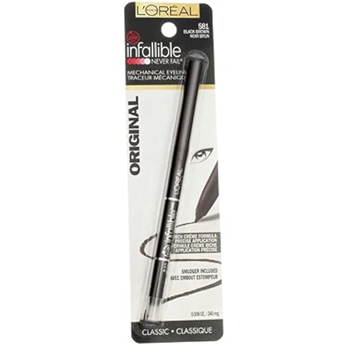 L'Oreal Paris Makeup Infallible Never Fail Original Mechanical Pencil Eyeliner with Built in Sharpener, Black Brown, 0.008 oz., 1 Count (Pack of 2)